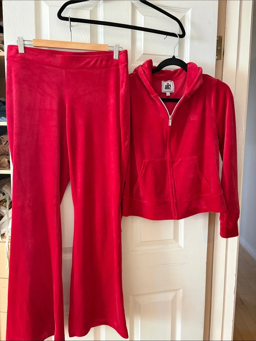 Juicy Couture Hot Pink Velour Zip Hoodie and Flared Pants Set